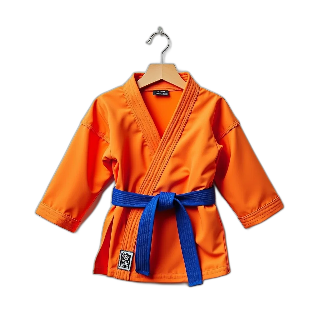 jacket, staff, dress, 3d render, photorealistic, child, orange, karate transparent PNG cut-out