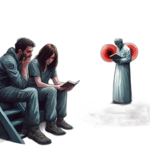 concept art, fire, fog, futuristic, setting, trio, gathers, seated transparent PNG cut-out