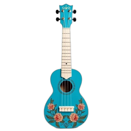 3d render, blue, ukulele, floral, pattern, body, white, fretboard transparent PNG cut-out