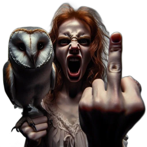photorealistic, fantasy art, concept art, angry, woman, holds, barn, owl transparent PNG cut-out
