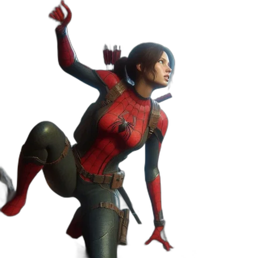 concept art, 3d render, comic book art, red, woman, spider-man, costume, climbs transparent PNG cut-out
