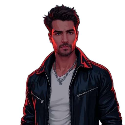 jacket, comic book art, concept art, photorealistic, fantasy art, neon lights, red, dark transparent PNG cut-out