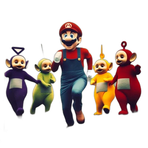 concept art, pixel art, 3d render, fantasy art, teletubbies, mario, crossover, vintage transparent PNG cut-out