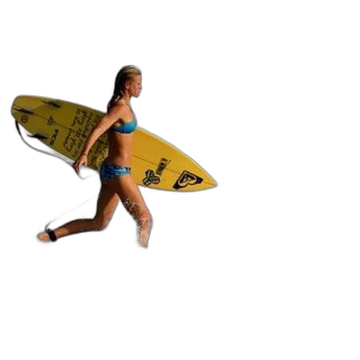 woman, blue, bikini, carries, yellow, surfboard, runs, into transparent PNG cut-out