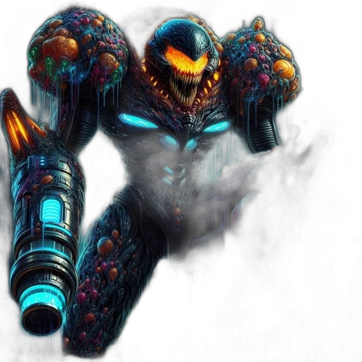 robot, weapon, creature, mask, concept art, fantasy art, pixel art, cyberpunk transparent PNG cut-out
