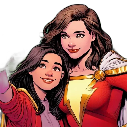 comic book art, two, females, pose, selfie, one, younger, character transparent PNG cut-out