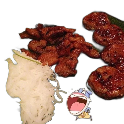 food, 3d render, photorealistic, plate, meat, noodles, greens, accompanied transparent PNG cut-out