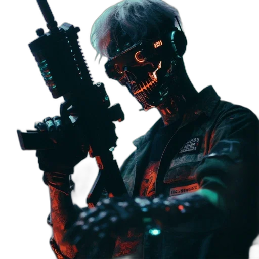 robot, weapon, face, staff, cyberpunk, concept art, pixel art, 3d render transparent PNG cut-out