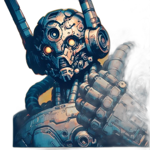 robot, weapon, face, mask, concept art, cyberpunk, fantasy art, comic book art transparent PNG cut-out