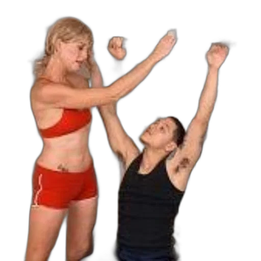 woman, red, shorts, man, black, tank, top, working transparent PNG cut-out