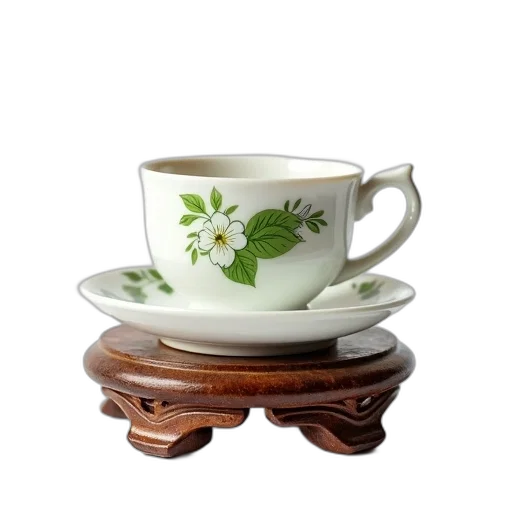 furniture, 3d render, photorealistic, white, porcelain, teacup, green, floral transparent PNG cut-out