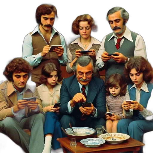 concept art, vintage, living, room, hosts, family, scene, where transparent PNG cut-out