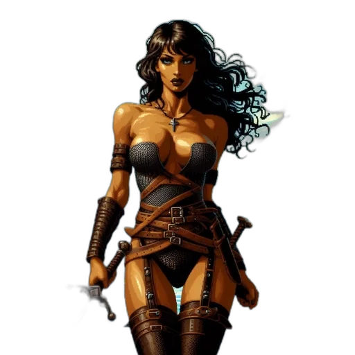 comic book art, fantasy art, concept art, pixel art, earth tones, golden, female, warrior transparent PNG cut-out