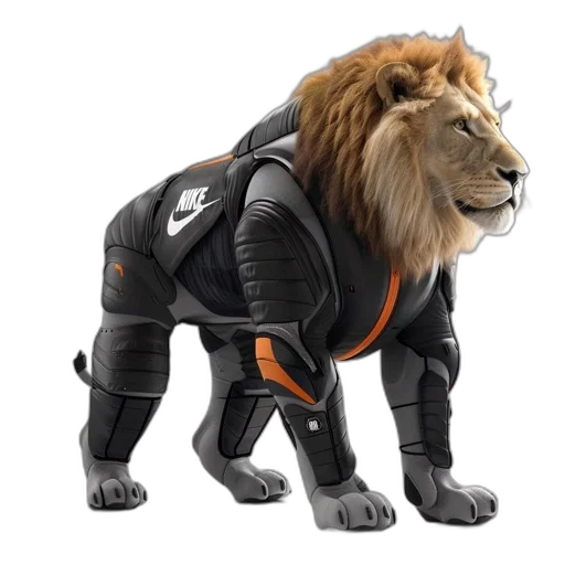 jacket, animal, creature, 3d render, concept art, cyberpunk, lion, armored transparent PNG cut-out
