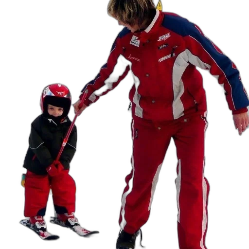 staff, child, red, helmet, black, jacket, stands, skis transparent PNG cut-out