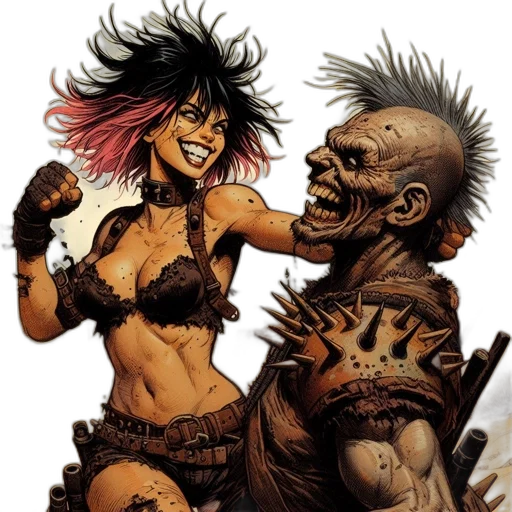 comic book art, concept art, fantasy art, cyberpunk, fire, post-apocalyptic, setting, two transparent PNG cut-out