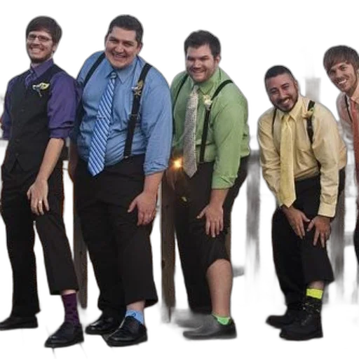 staff, group, men, pose, rooftop, wearing, colorful, shirts transparent PNG cut-out