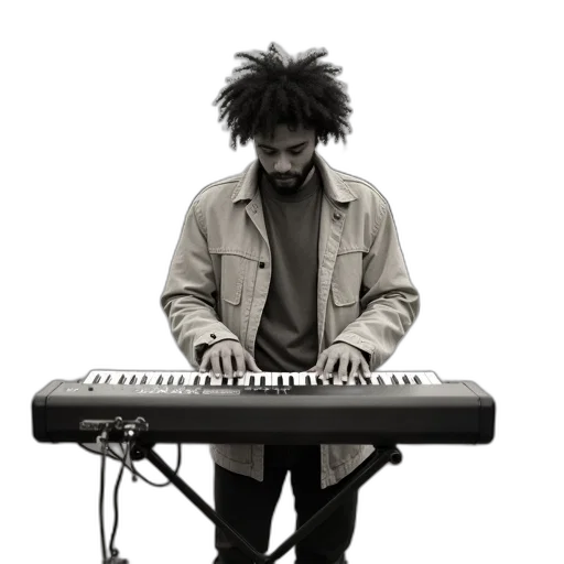 jacket, staff, man, curly, hair, playing, keyboard, street transparent PNG cut-out