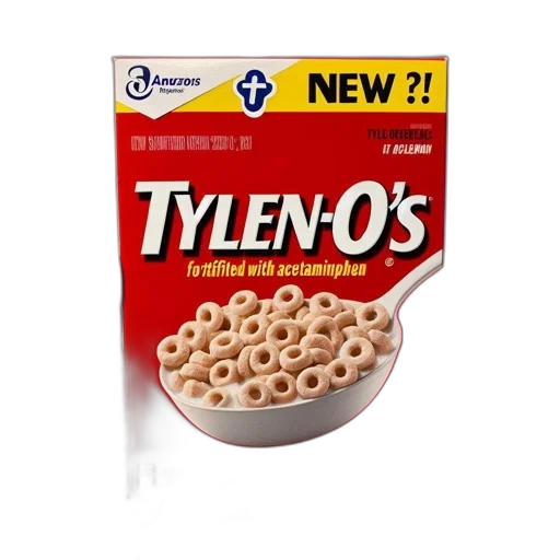 food, 3d render, cereal, box, tylen-o, featuring, humorous, label transparent PNG cut-out