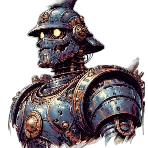 robot, face, weapon, concept art, cyberpunk, fantasy art, comic book art, blue transparent PNG cut-out