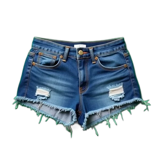 blue, pair, denim, shorts, frayed, hem, laid, out transparent PNG cut-out