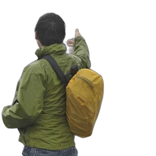 jacket, umbrella, staff, photorealistic, 3d render, person, green, yellow transparent PNG cut-out