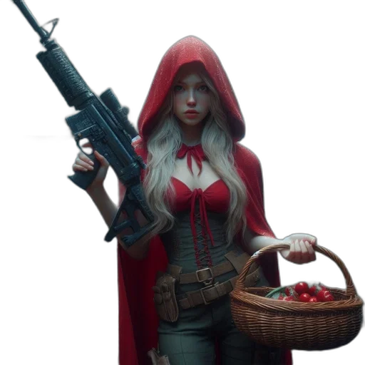 weapon, concept art, fantasy art, 3d render, comic book art, red, woman, hooded transparent PNG cut-out