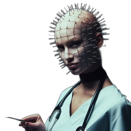 robot, staff, mask, face, cyberpunk, concept art, 3d render, photorealistic transparent PNG cut-out