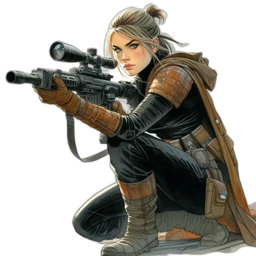 weapon, concept art, comic book art, fantasy art, photorealistic, female, character, possibly transparent PNG cut-out