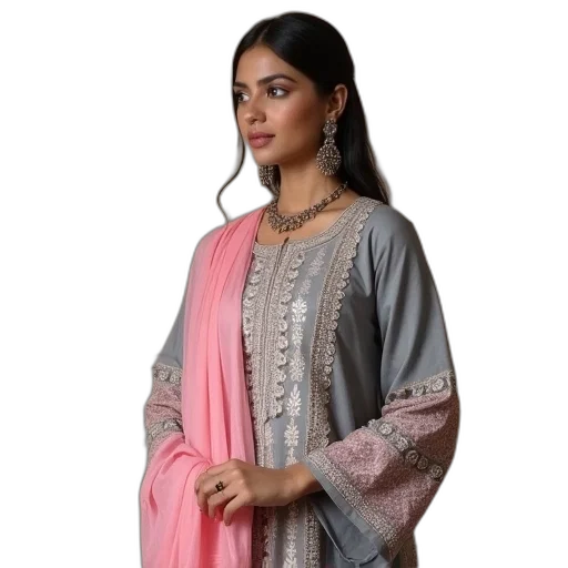 dress, grey, pink, unstitched transparent PNG cut-out