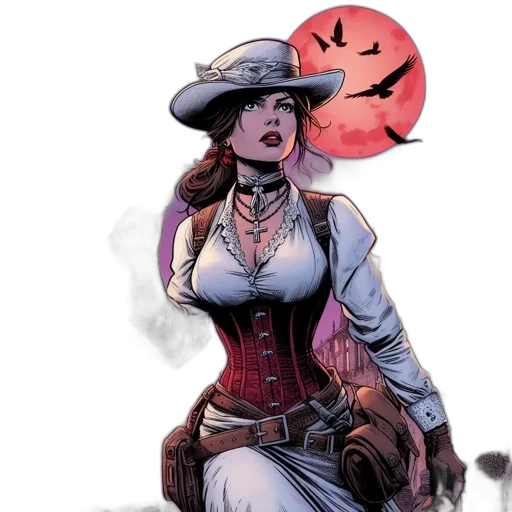 hat, comic book art, concept art, fantasy art, cartoon, woman, steampunk, outfit transparent PNG cut-out