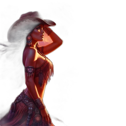 dress, hat, concept art, fantasy art, watercolor, comic book art, fire, sunset transparent PNG cut-out