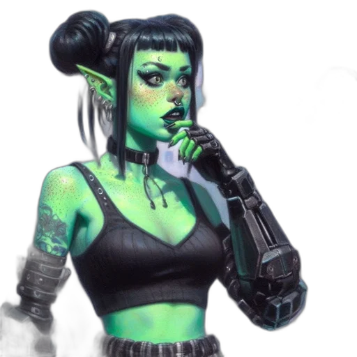 concept art, fantasy art, cyberpunk, comic book art, green, unconventional, female, character transparent PNG cut-out