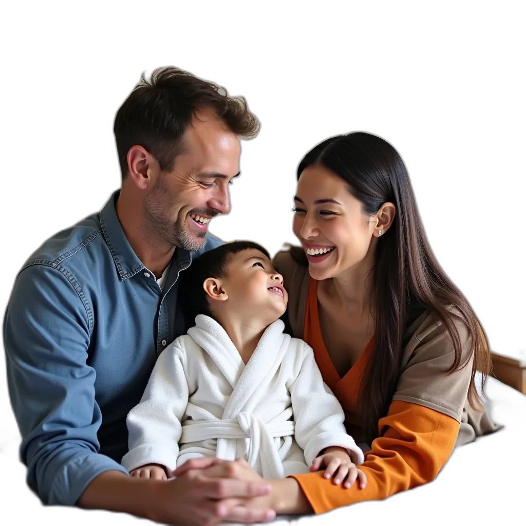 face, photorealistic, family, three, sitting, bed, man, left transparent PNG cut-out