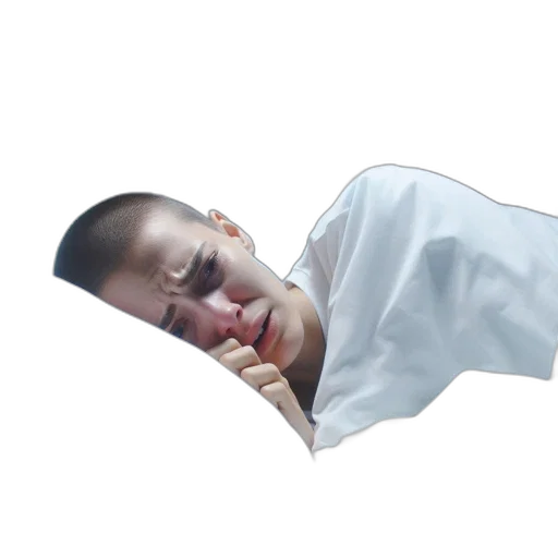 face, creature, jacket, photorealistic, individual, lies, pensive, all-white transparent PNG cut-out