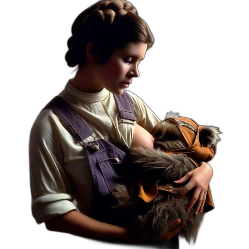 photorealistic, oil painting, concept art, young, woman, holding, furry, orange-clad transparent PNG cut-out