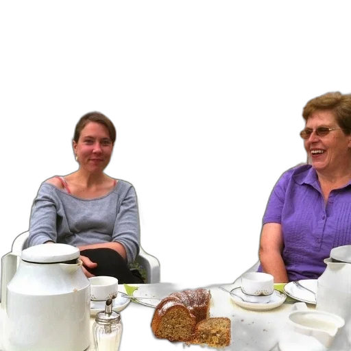 staff, two, women, sit, table, cake, tea, cups transparent PNG cut-out