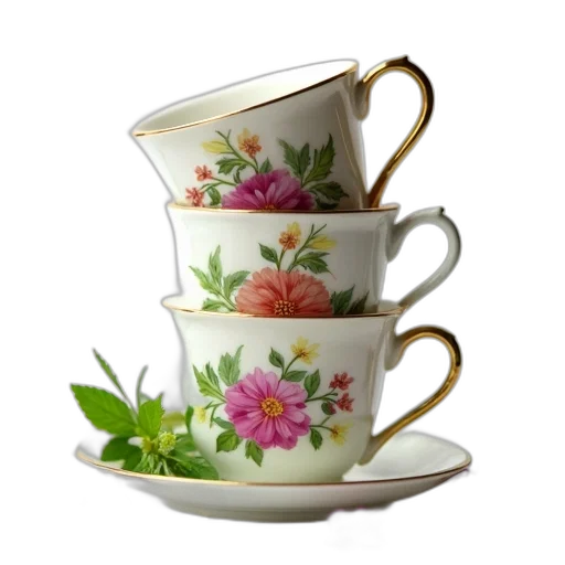 flower, photorealistic, 3d render, stack, three, teacups, floral, patterns transparent PNG cut-out