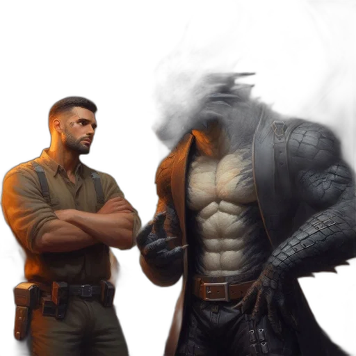jacket, weapon, staff, concept art, comic book art, fantasy art, cyberpunk, fog transparent PNG cut-out