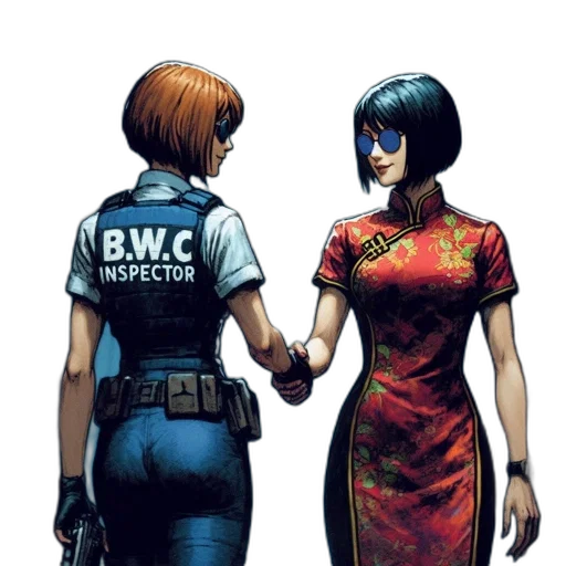 dress, robot, comic book art, concept art, cyberpunk, blue, two, women transparent PNG cut-out