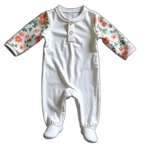 white, baby, outfit, floral, pattern, sleeves, legs, laid transparent PNG cut-out