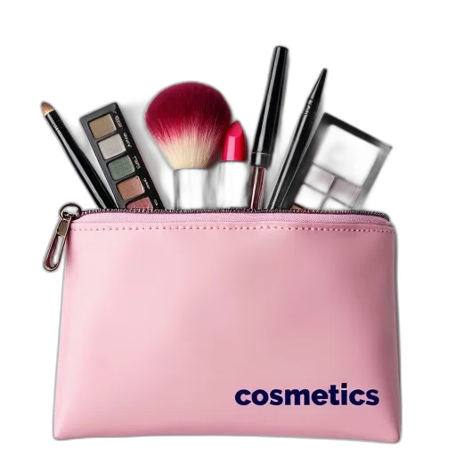 collection, various, makeup, items, displayed, pink, bag, include transparent PNG cut-out