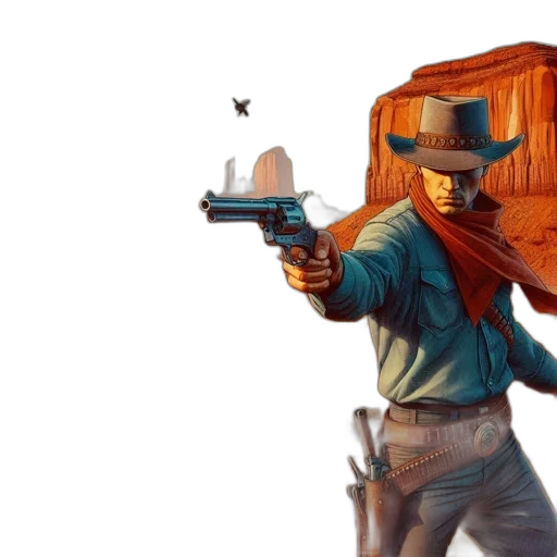 hat, weapon, jacket, concept art, comic book art, fantasy art, pixel art, cowboy transparent PNG cut-out