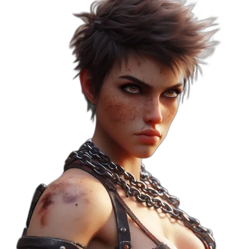 concept art, cyberpunk, photorealistic, fantasy art, portrait, female, character, intense transparent PNG cut-out