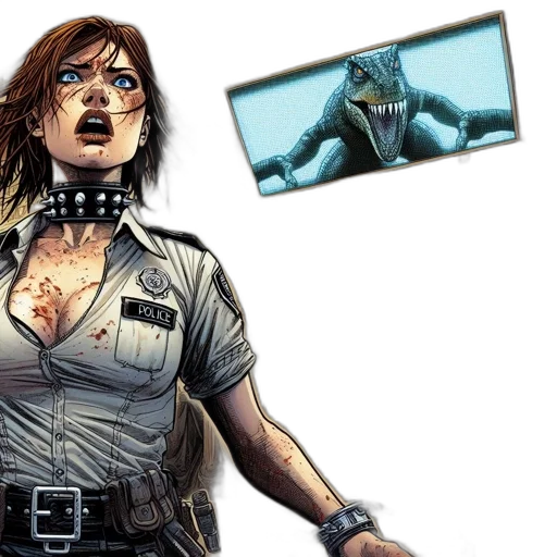comic book art, concept art, cyberpunk, police, officer, distress, surrounded, reptilian transparent PNG cut-out
