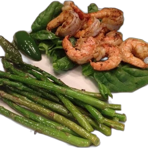 food, plate, shrimp, asparagus, spinach transparent PNG cut-out