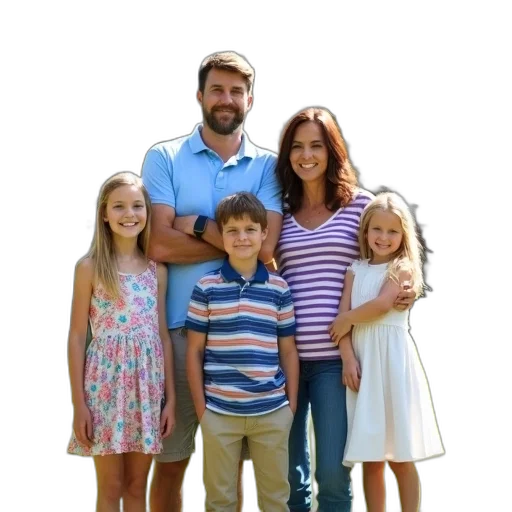 dress, photorealistic, pastel, family, five, standing, grassy, area transparent PNG cut-out