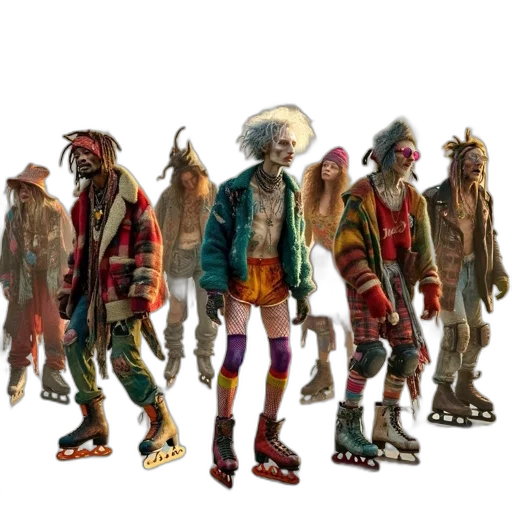 staff, concept art, fantasy art, 3d render, comic book art, group, eclectic, roller-skating transparent PNG cut-out