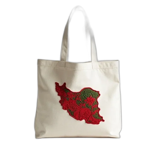 white, canvas, tote, bag, red, green, embroidered, map transparent PNG cut-out