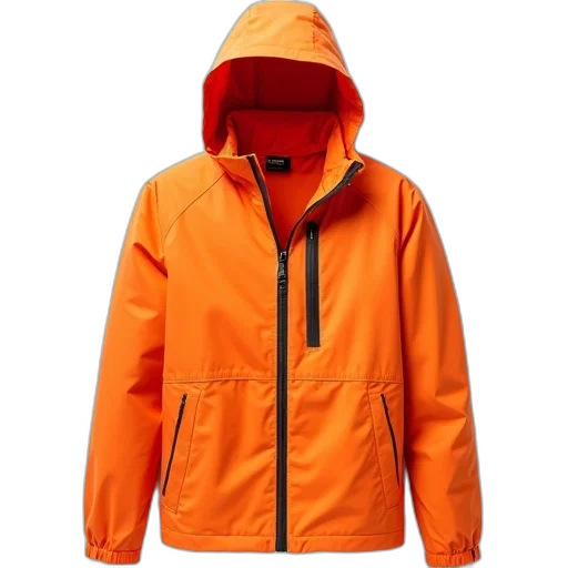 jacket, neon, bright, orange, hood, displayed, against, white transparent PNG cut-out